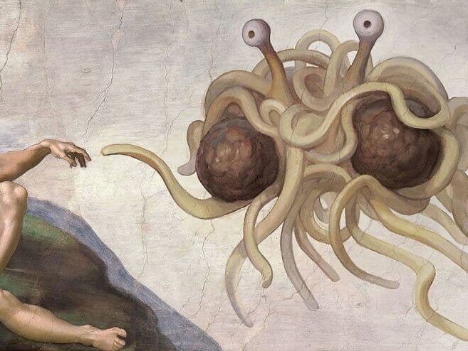 Ein fliegendes Monster bestehend aus Fleischbällchen und Spaghetti.